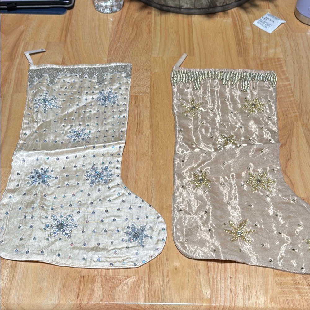 Department 56 Stockings Set - Cream and Gold Silk with Beaded details